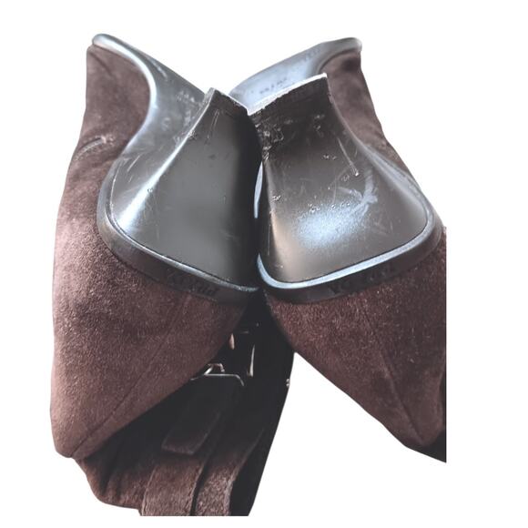 Y2K Vintage PRADA Kitten Heel Suede Boots 37 6.5 Square Toe Brown 2000's Buckle - Picture 9 of 14
